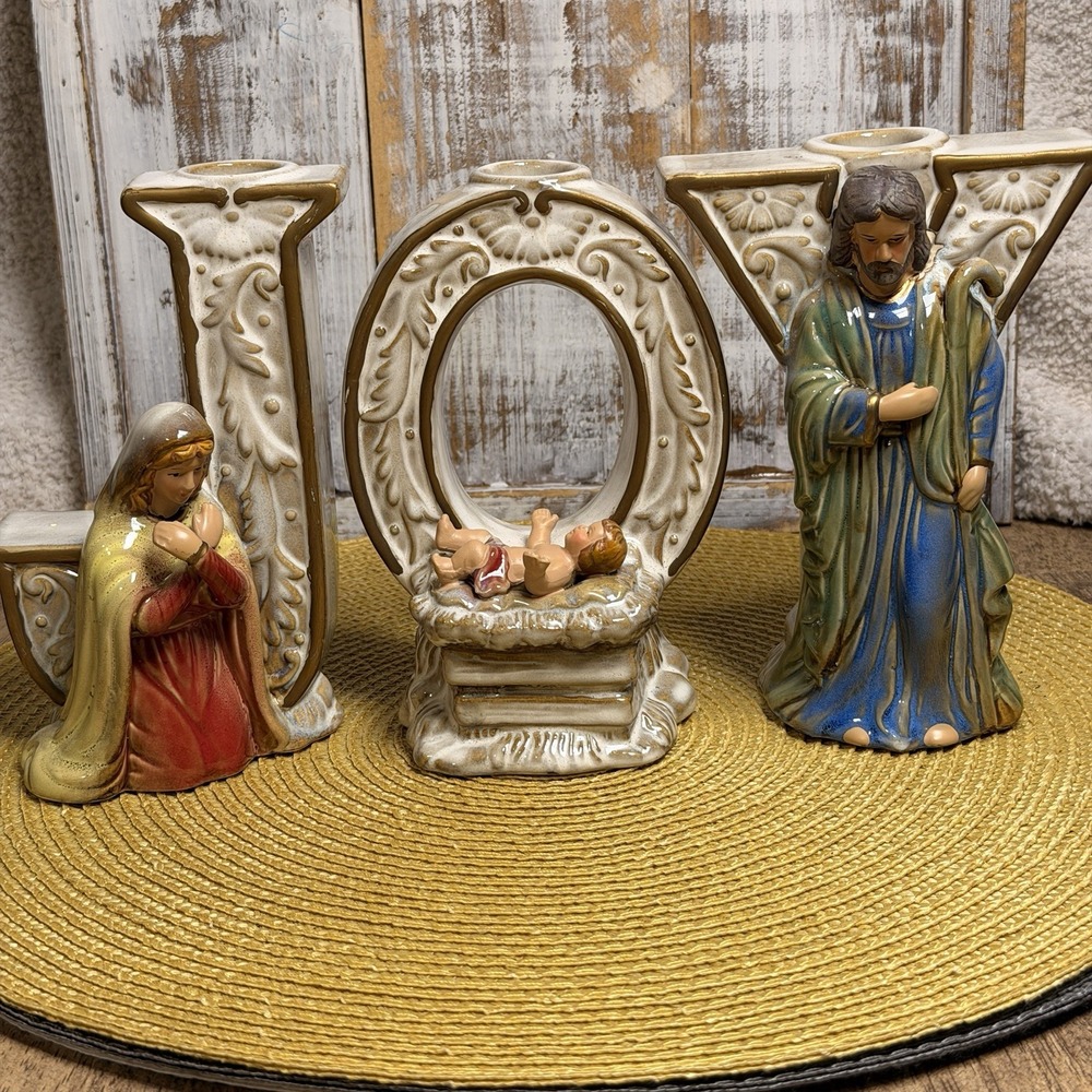 Vintage Joy Christmas Candlestick Holder 3 Piece Mary Baby Jesus & Joseph In Box